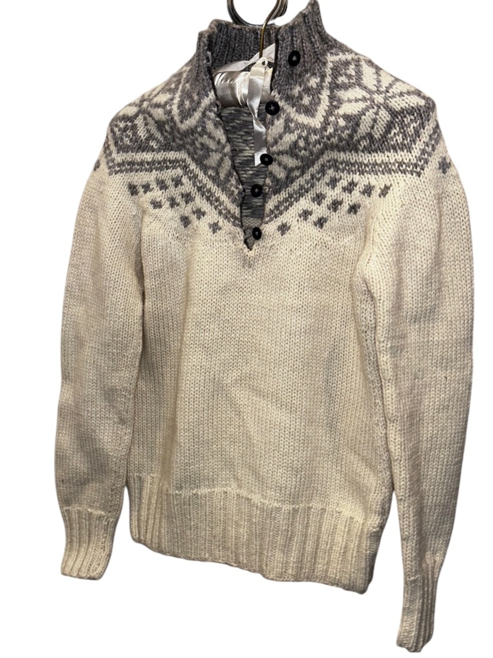 Dale of Norway Fair isle neutrals cream gray snowflake quarter button sweater S
